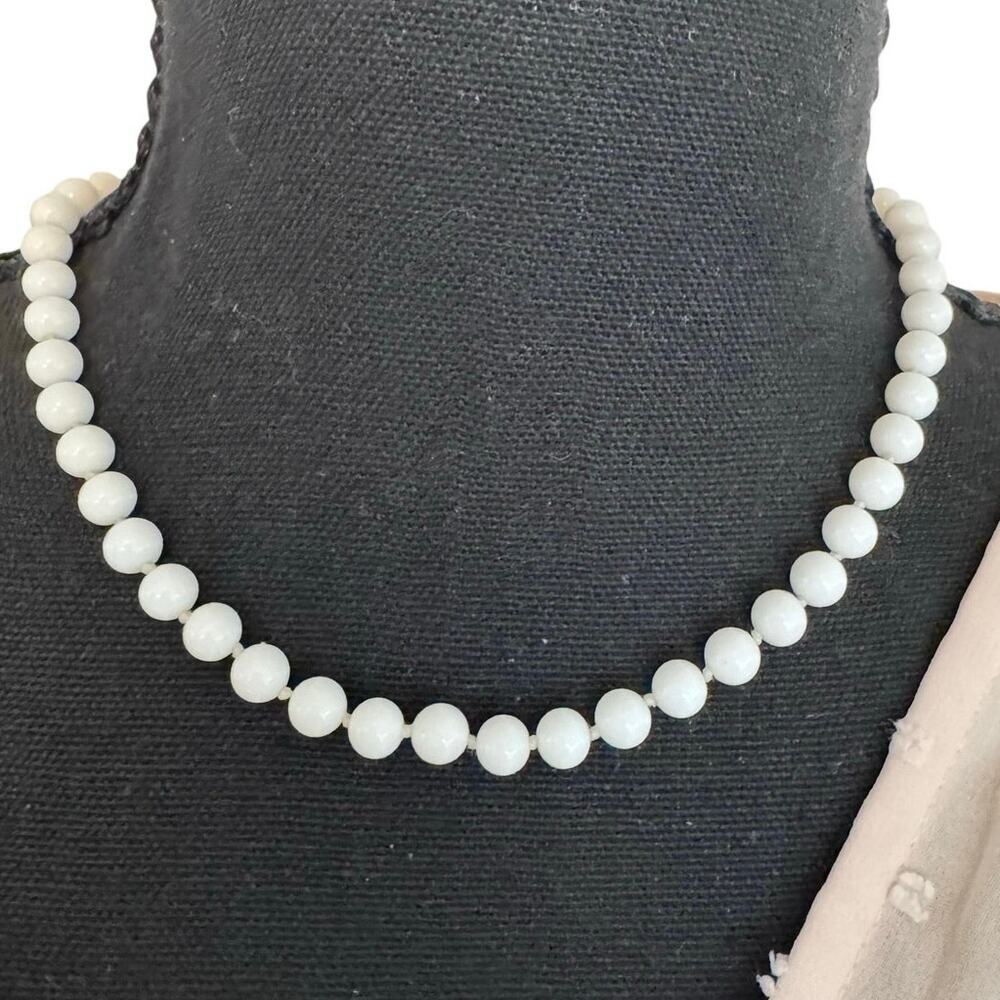 Vintage Monet White Milk Glass Bead Necklace Knotted Choker Gold Tone 16" Signed